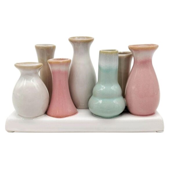 7 Väschen auf Tablett aus Keramik mehrfarbig